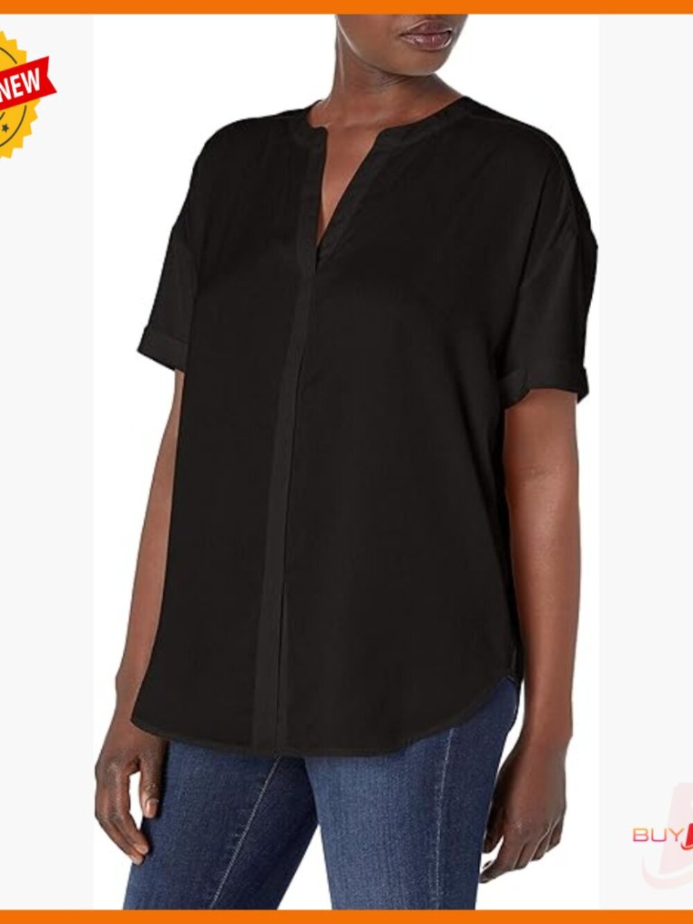 Relaxed Fit V-Neck Blouse Short Sleeve Polyester Top Long Length
